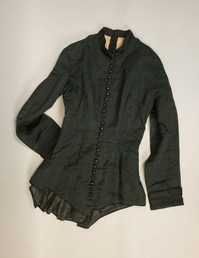Flared dress, circa 1880–1885. Black silk...