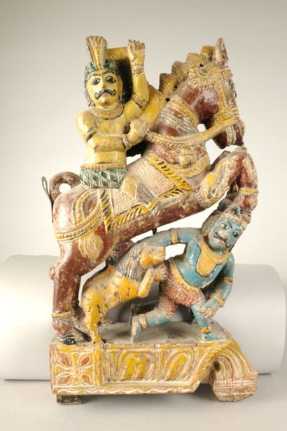 INDIA. Horseman subduing a lion and a warrior
Polychrome...