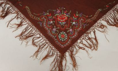 Brown woolen scarf with embroidered floral...