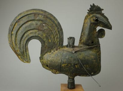 Rivet-fastened sheet-metal church spire rooster,...