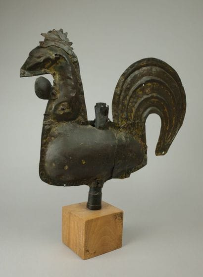 Rivet-fastened sheet-metal church spire rooster,...