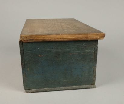 Pine box, with painted sides marked 