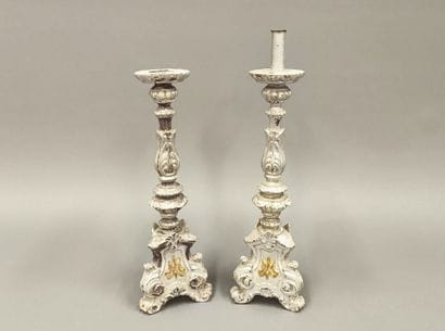 Pair of silver-plated carved wood candelabras...