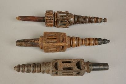 Set of 3 carved wooden ox yokes.
H: 24 to...