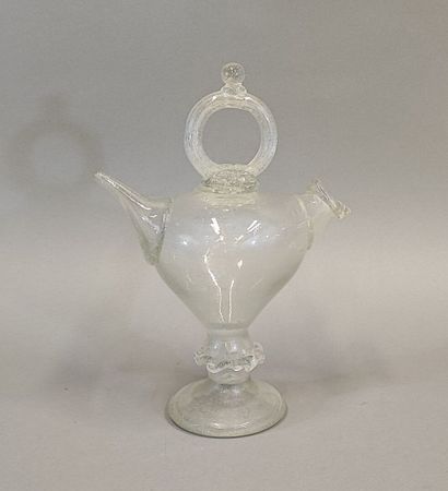 Bubble-blown glass cantir or holy-water jug...