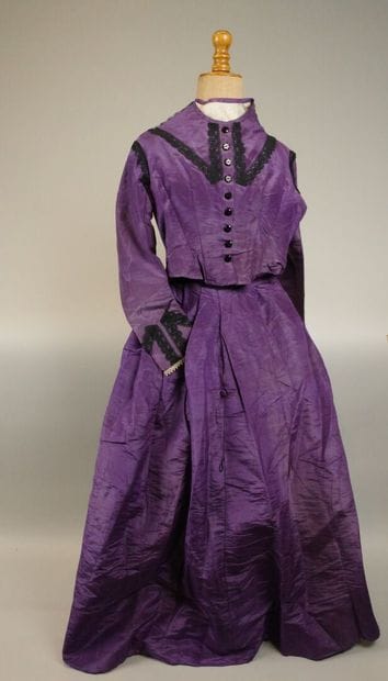 Day dress in purple silk moiré, circa 1860–1870....