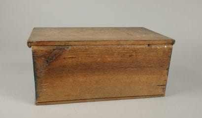 Pine box, with painted sides marked 