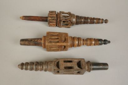 Set of 3 carved wooden ox yokes.
H: 24 to...