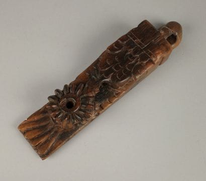 Carved wooden opium pipe decorated with small...