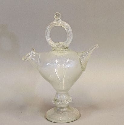 Bubble-blown glass cantir or holy-water jug...