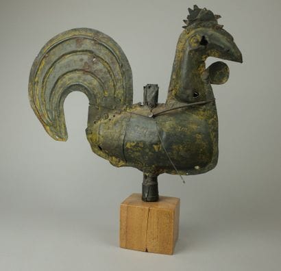 Rivet-fastened sheet-metal church spire rooster,...