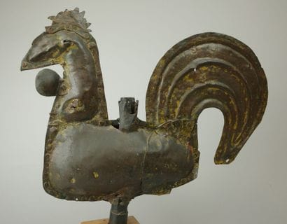 Rivet-fastened sheet-metal church spire rooster,...