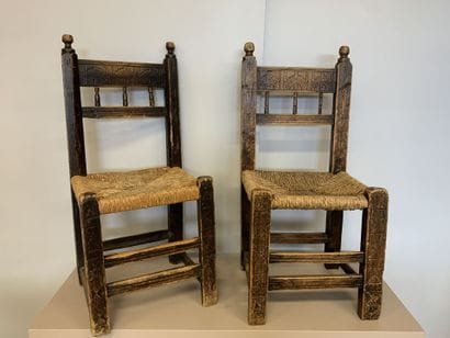 QUEYRAS. Pair of cembro pine and walnut chairs...