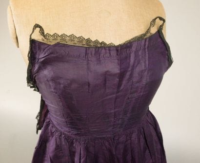 Day dress in purple silk moiré, circa 1860–1870....