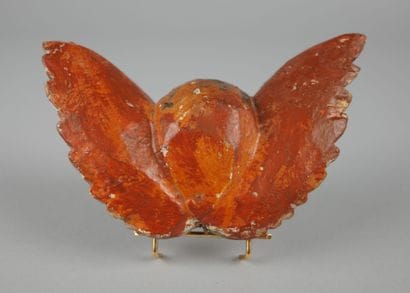 Baroque winged putto head, carved from polychrome...
