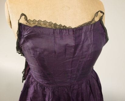 Day dress in purple silk moiré, circa 1860–1870....