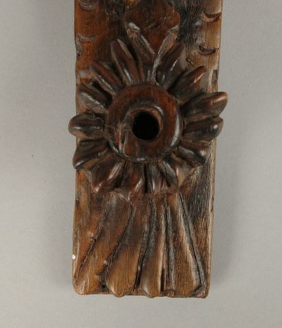 Carved wooden opium pipe decorated with small...
