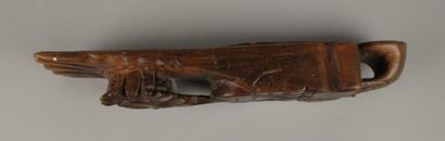 Carved wooden opium pipe decorated with small...