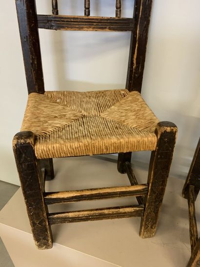 QUEYRAS. Pair of cembro pine and walnut chairs...