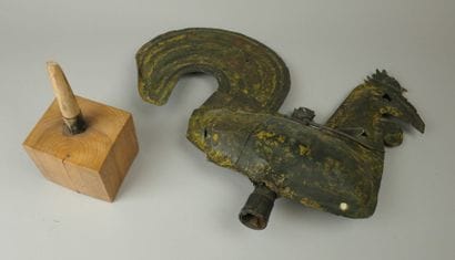 Rivet-fastened sheet-metal church spire rooster,...