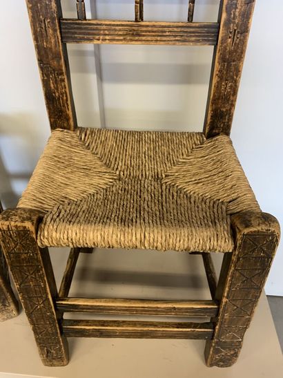 QUEYRAS. Pair of cembro pine and walnut chairs...