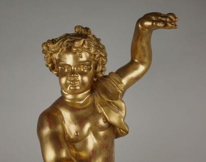 Gilded cherub statue—on a pedestal, H 77.5...