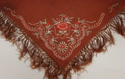 Brown woolen scarf with embroidered floral...