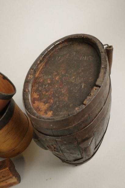 Set including a small barrel with hoops and...