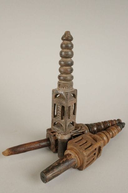 Set of 3 carved wooden ox yokes.
H: 24 to...