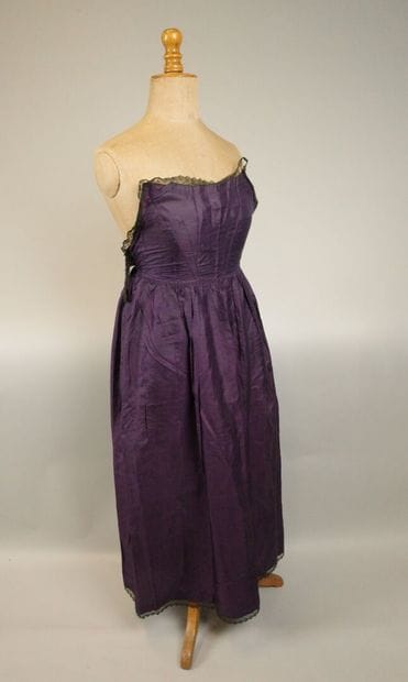 Day dress in purple silk moiré, circa 1860–1870....