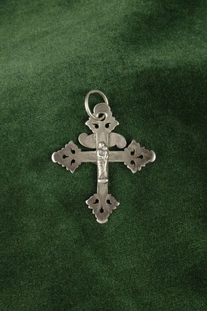 Large silver lattice cross featuring Christ...