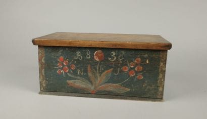 Pine box, with painted sides marked 