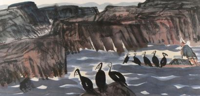 Peinture à l'encre et couleurs sur papier...