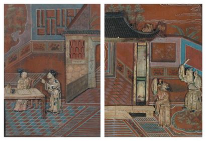 Paire de panneaux peints et incrustés de...