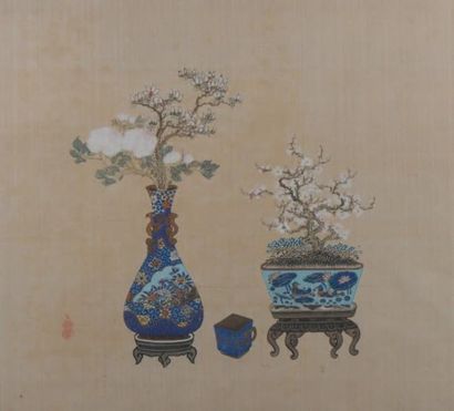 Peinture à l'encre et couleurs sur soie Chine,...