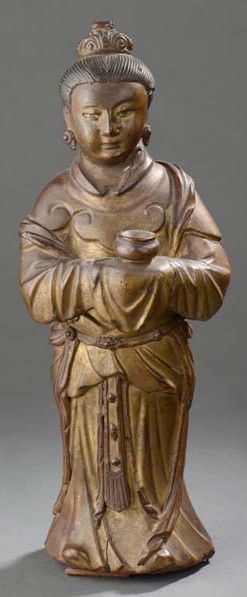 Statuette de personnage en bois laqué rouge...
