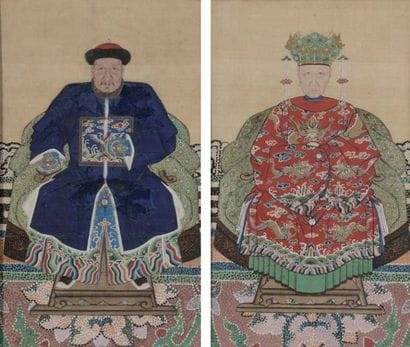 Paire de petites peintures à l'encre et couleurs...