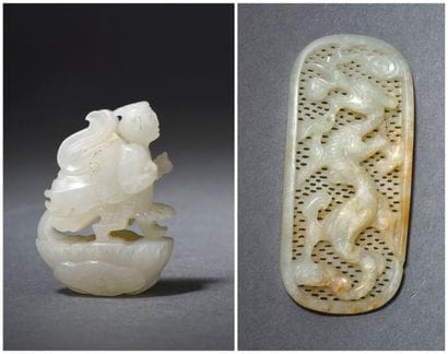 Deux éléments de coiffe en jade blanc et...