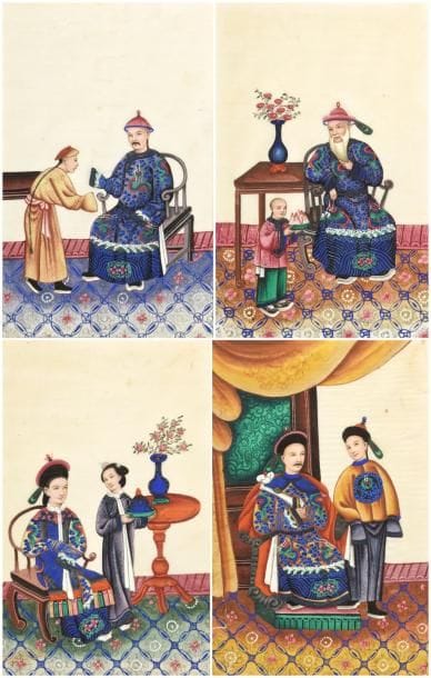 Quatre peintures sur papier de riz encadrées...