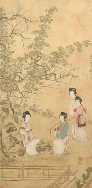 Peinture à l'encre et couleurs sur soie,...