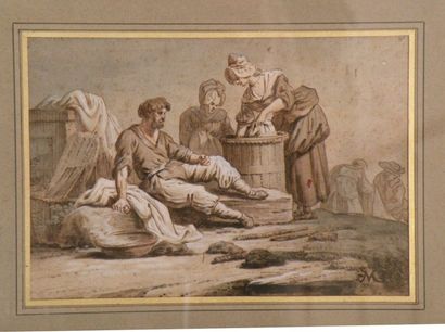 Ecole vers 1780
Personnages et lavandière...