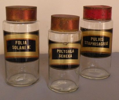 Suite de onze pots à pharmacie en verre,...