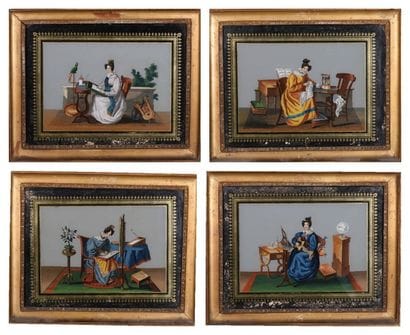Suite de quatre tableaux en verre églomisé...