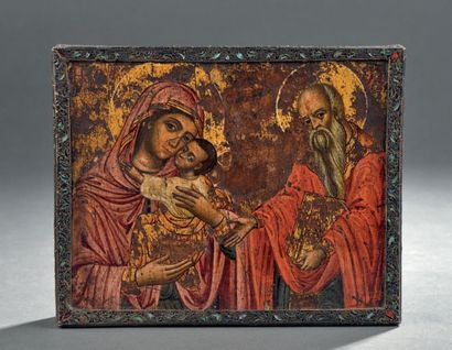 Vierge de Tendresse avec un saint guérisseur....