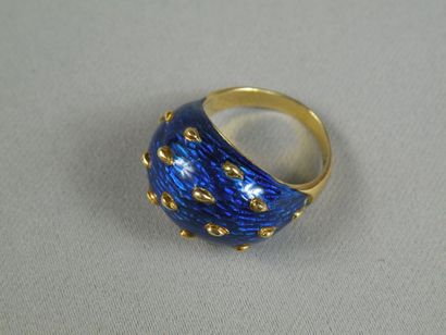 Bague boule en or jaune (750) émaillé bleu,...