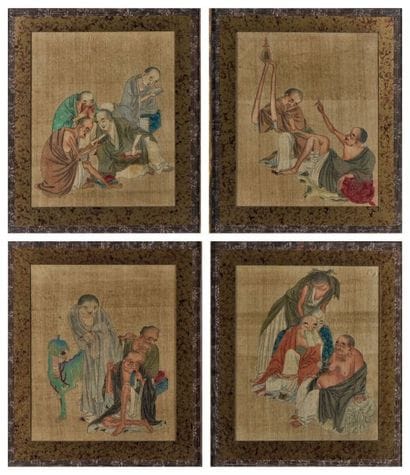 Quatre peintures à l'encre et couleurs sur...
