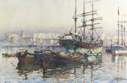 Gilbert GAILLAND (1890-1956)
Port en Méditerranée
Gouache.
Signée...