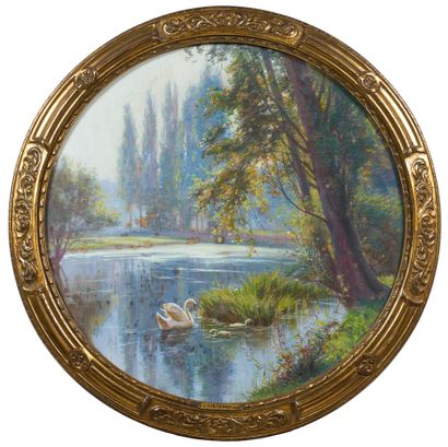 Jules GIRARDET (1856-?)
Cygnes sur un étang,...
