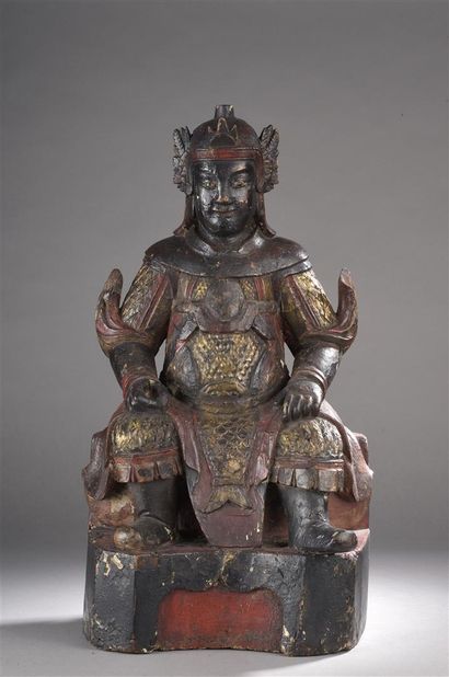 Statue de gardien en bois sculpté et laqué
Chine,...