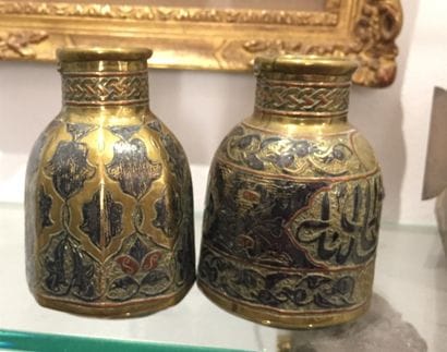 Deux flacons à décor en trois métaux
Levant,...